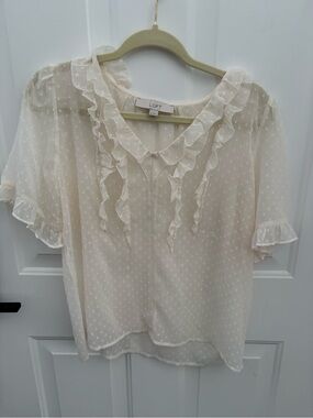 LOFT Cream Ruffle Trim Swiss Dot Top